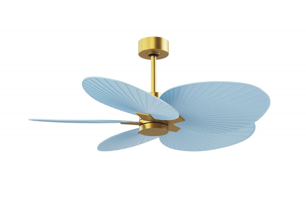 Alessandra Tropical 5-blade ceiling fan in Brushed Brass and Light Blue blades.