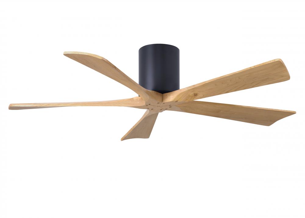 Irene-5H three-blade flush mount paddle fan in Matte Black finish with 52” Light Maple tone blad