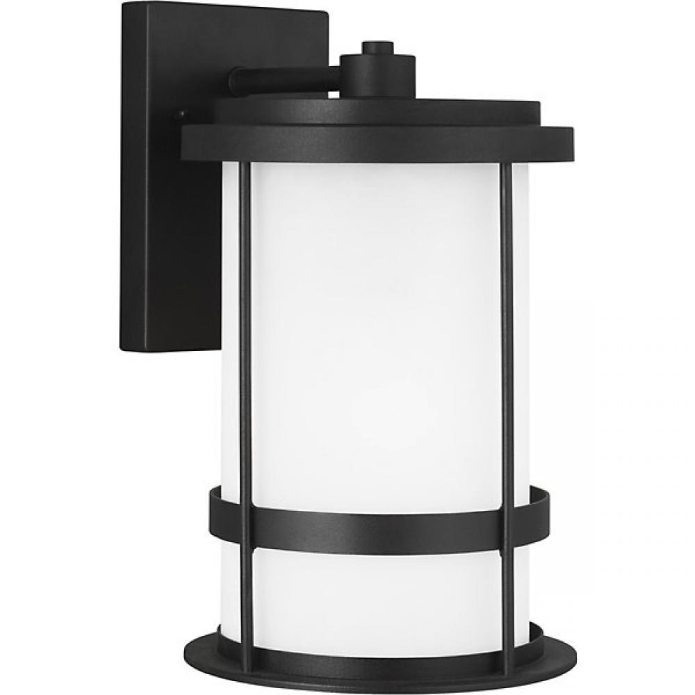 Wilburn modern 1-light outdoor exterior large wall lantern sconce in black finish with satin etched