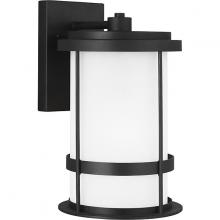 Generation Lighting 8790901-12 - Wilburn modern 1-light outdoor exterior large wall lantern sconce in black finish with satin etched