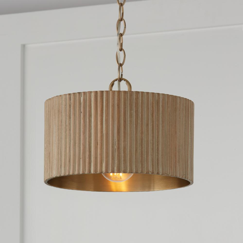 1-Light Semi-Flush Pendant in Matte Brass and Handcrafted Mango Wood in White Wash