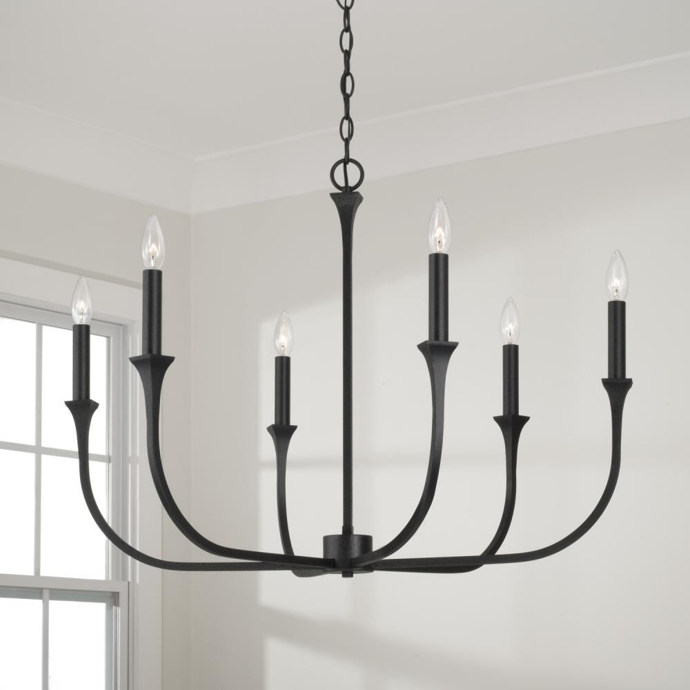 6-Light Chandelier in Black Iron with Interchangeable White or Black Iron Candle Sleeves