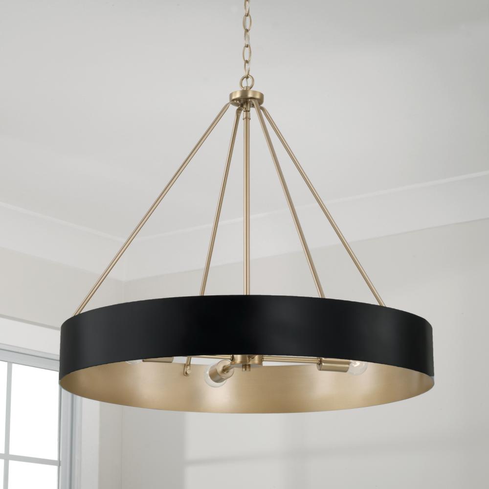 4-Light Modern Circular Metal Chandelier in Matte Black with Painted Matte Brass Interior