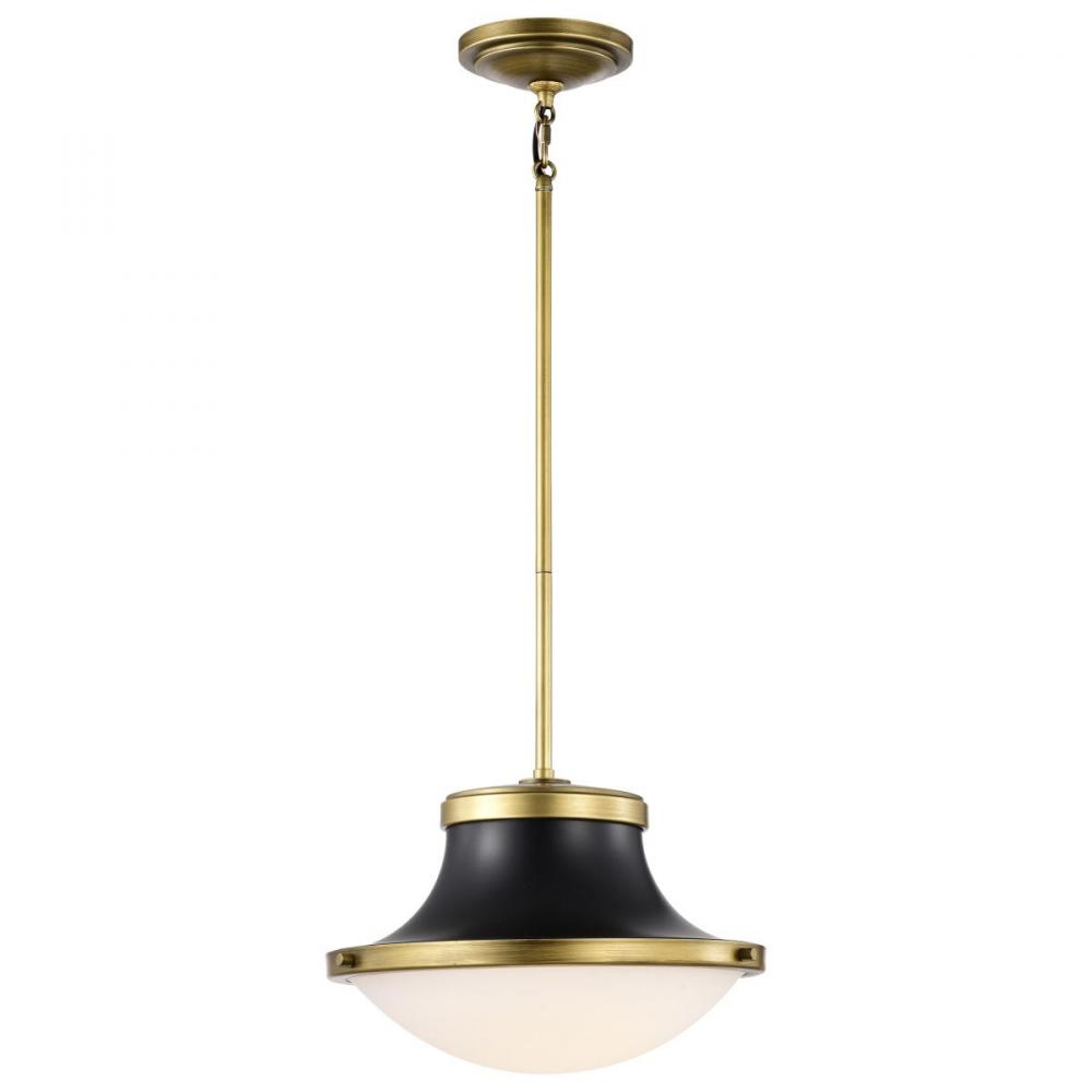 Lafayette 1 Light Pendant; 14 Inches; Matte Black Finish with Natural Brass Accents and White Opal